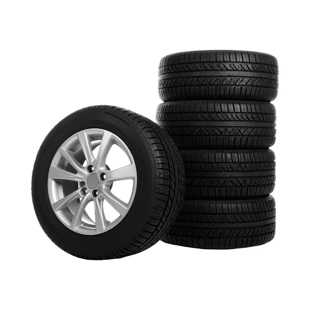 A set of four new tires and a mounted alloy wheel, ready to be installed and balanced for a Newark customer at The PitStop Fremont