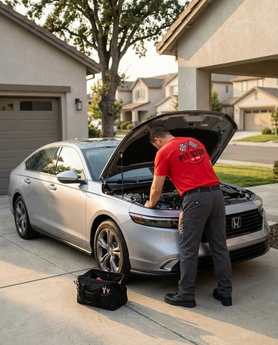 ASE-certified technician from The PitStop working on a customer's car at their home in Fremont, CA