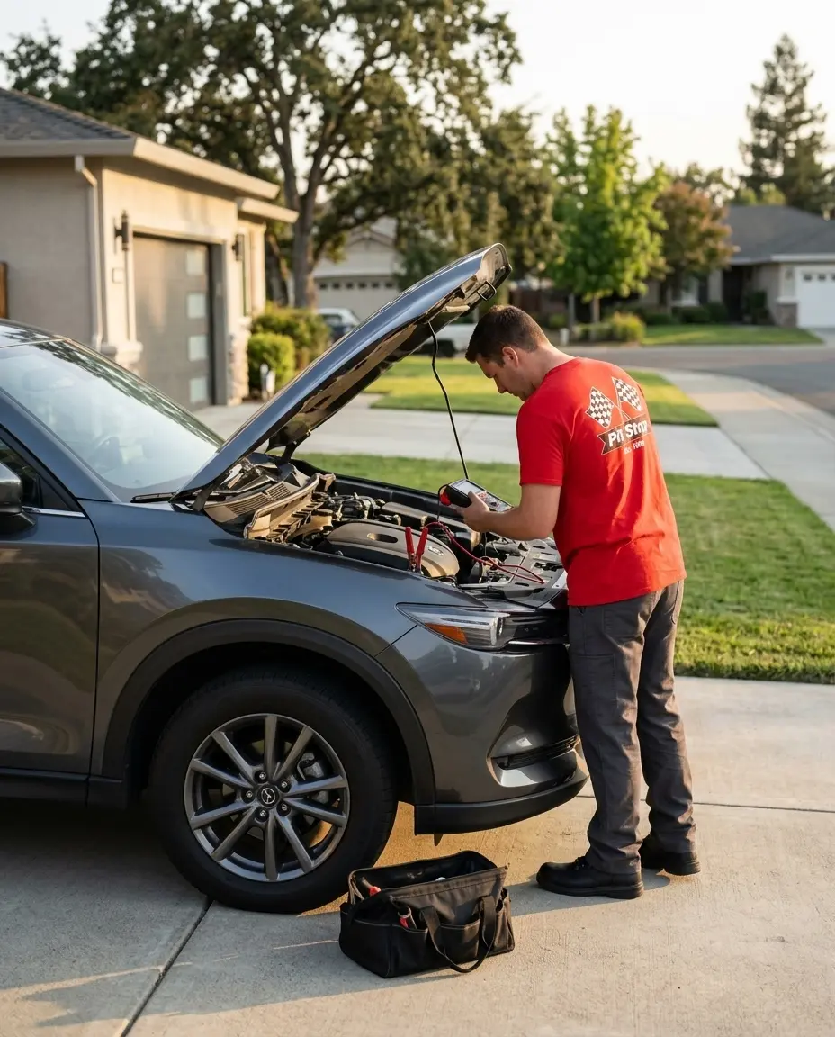 Technician from The PitStop working on a customer's car away from the shop